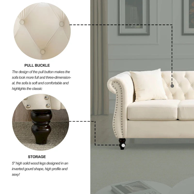 Beige Velvet Chesterfield 3 Seater Sofa with Rolled Arms, Nailhead Trim, 2 Pillows