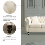 Beige Velvet Chesterfield 3 Seater Sofa with Rolled Arms, Nailhead Trim, 2 Pillows