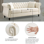 Beige Velvet Chesterfield 3 Seater Sofa with Rolled Arms, Nailhead Trim, 2 Pillows