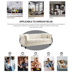 Beige Velvet Chesterfield 3 Seater Sofa with Rolled Arms, Nailhead Trim, 2 Pillows