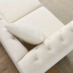 Beige Velvet Chesterfield 3 Seater Sofa with Rolled Arms, Nailhead Trim, 2 Pillows
