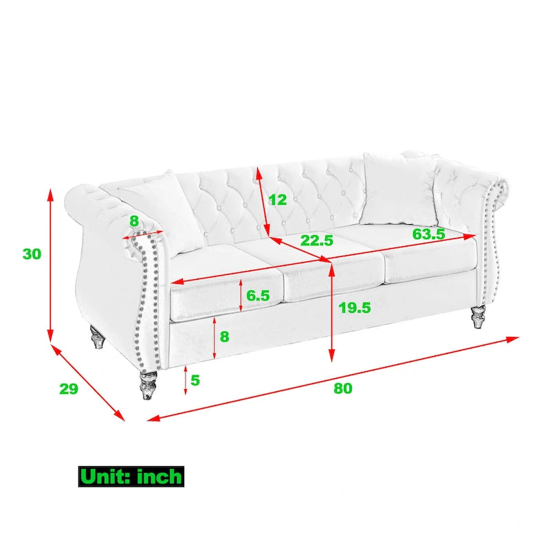 Beige Velvet Chesterfield 3 Seater Sofa with Rolled Arms, Nailhead Trim, 2 Pillows