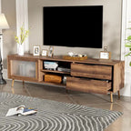 Modern TV Stand for 75+ TV, TV Console with 2 Glass Doors, Entertainment Center with 2 Drawers & Storage Cabinet