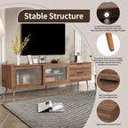 Modern TV Stand for 75+ TV, TV Console with 2 Glass Doors, Entertainment Center with 2 Drawers & Storage Cabinet