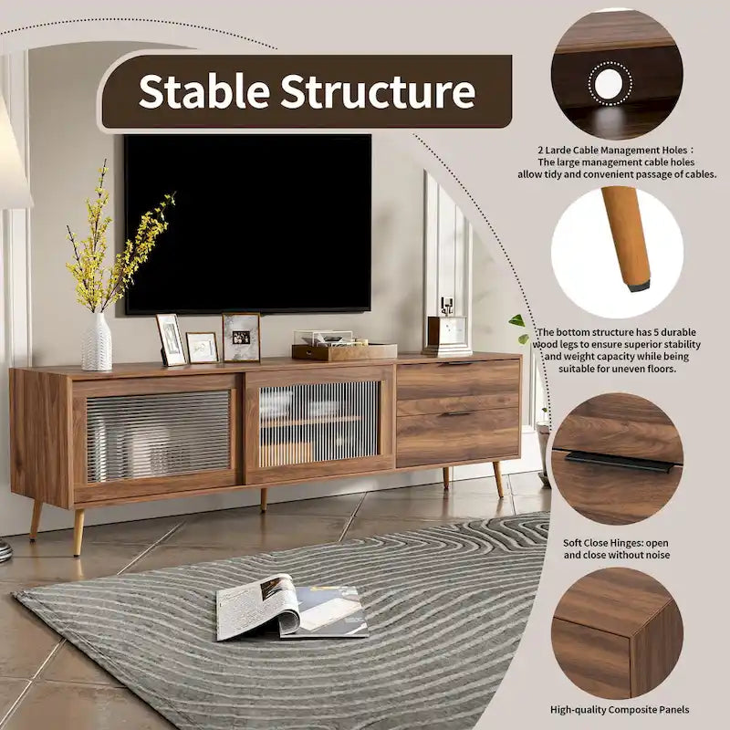 Modern TV Stand for 75+ TV, TV Console with 2 Glass Doors, Entertainment Center with 2 Drawers & Storage Cabinet