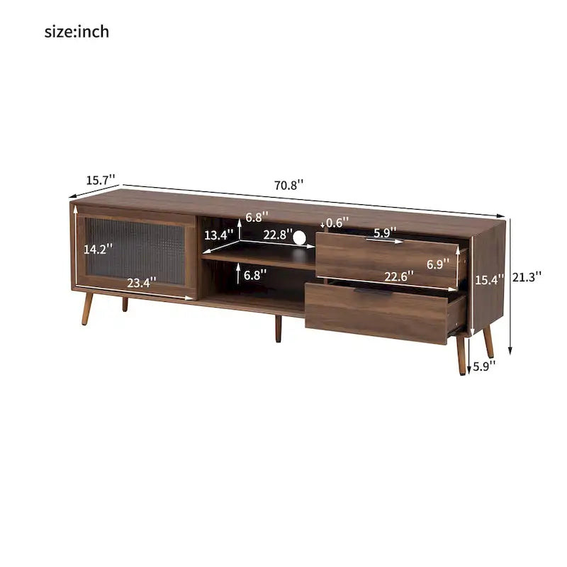Modern TV Stand for 75+ TV, TV Console with 2 Glass Doors, Entertainment Center with 2 Drawers & Storage Cabinet
