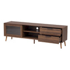 Modern TV Stand for 75+ TV, TV Console with 2 Glass Doors, Entertainment Center with 2 Drawers & Storage Cabinet