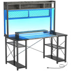 Gaming Deck with Charge Station and LED Light, Computer Table with Hutch and Shelves