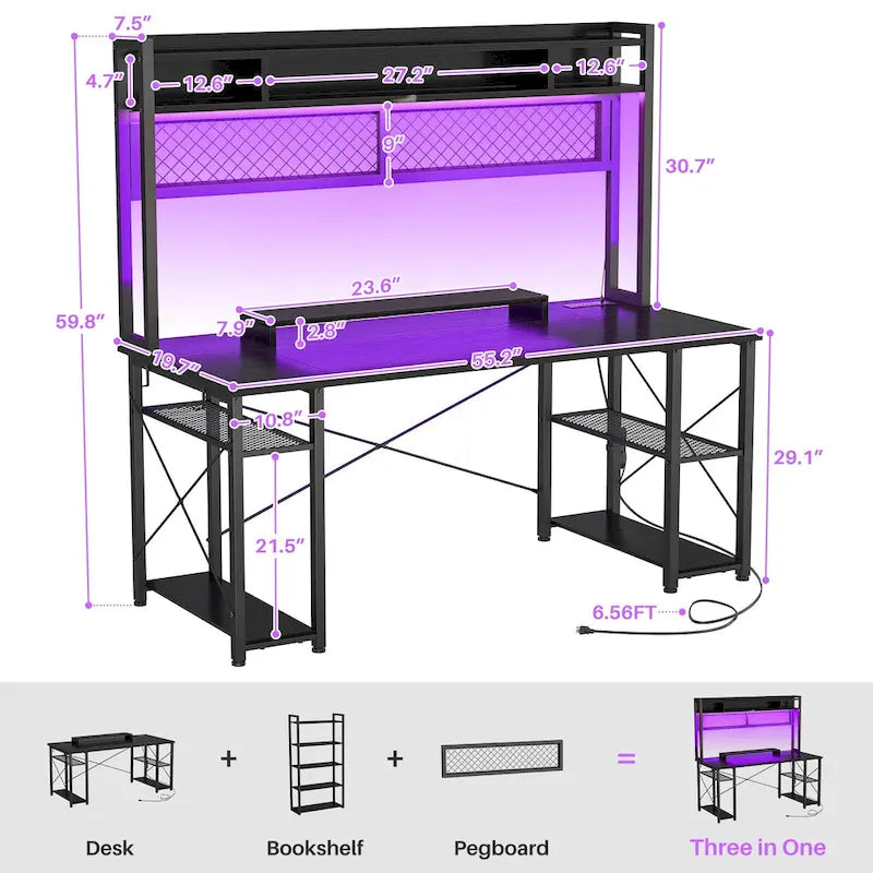 Gaming Deck with Charge Station and LED Light, Computer Table with Hutch and Shelves