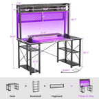 Gaming Deck with Charge Station and LED Light, Computer Table with Hutch and Shelves