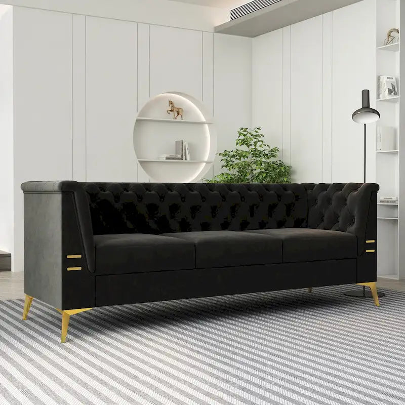 82 Velvet 3 Seater Chesterfield Sofa Couch with Gold Metal Legs, High Rebound Sponge and Removable Cushions