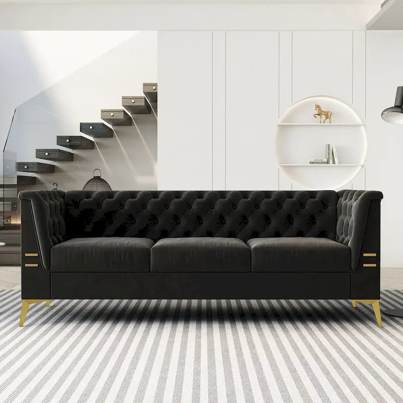 82 Velvet 3 Seater Chesterfield Sofa Couch with Gold Metal Legs, High Rebound Sponge and Removable Cushions