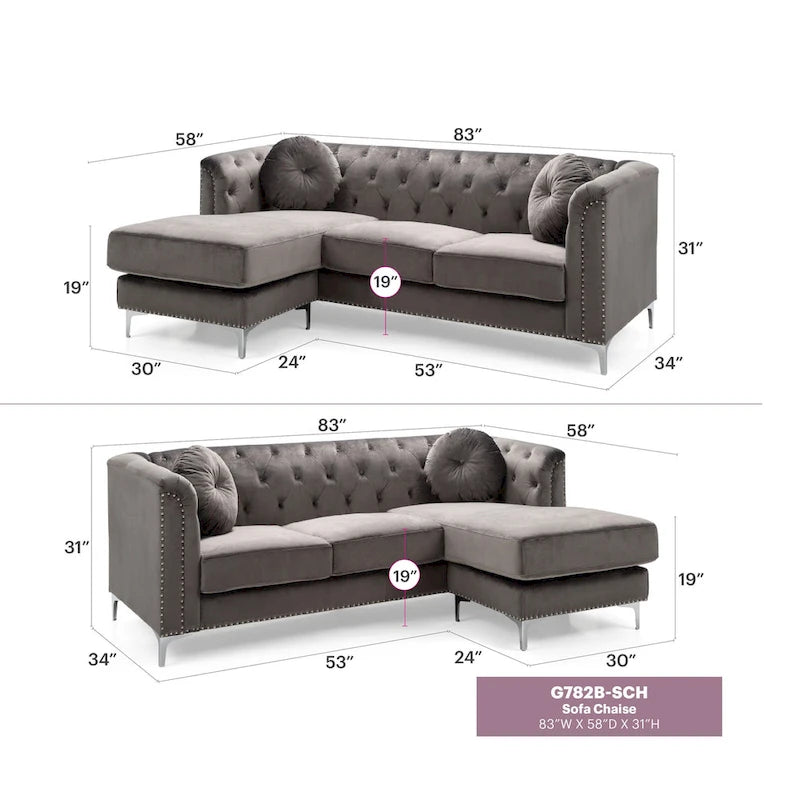 83 in. Tufted Velvet Sectional with 2-Throw Pillow - 83L x 58W x 31H