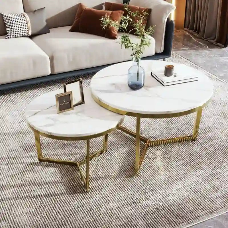 Modern Round Nesting Coffee Table with Marbling Top Design and Gold Base