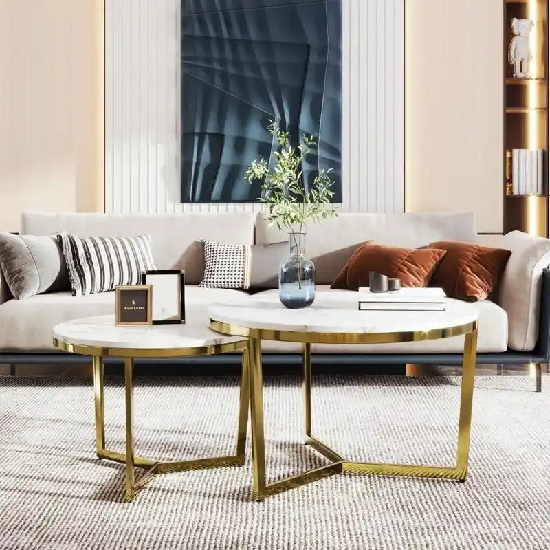 Modern Round Nesting Coffee Table with Marbling Top Design and Gold Base