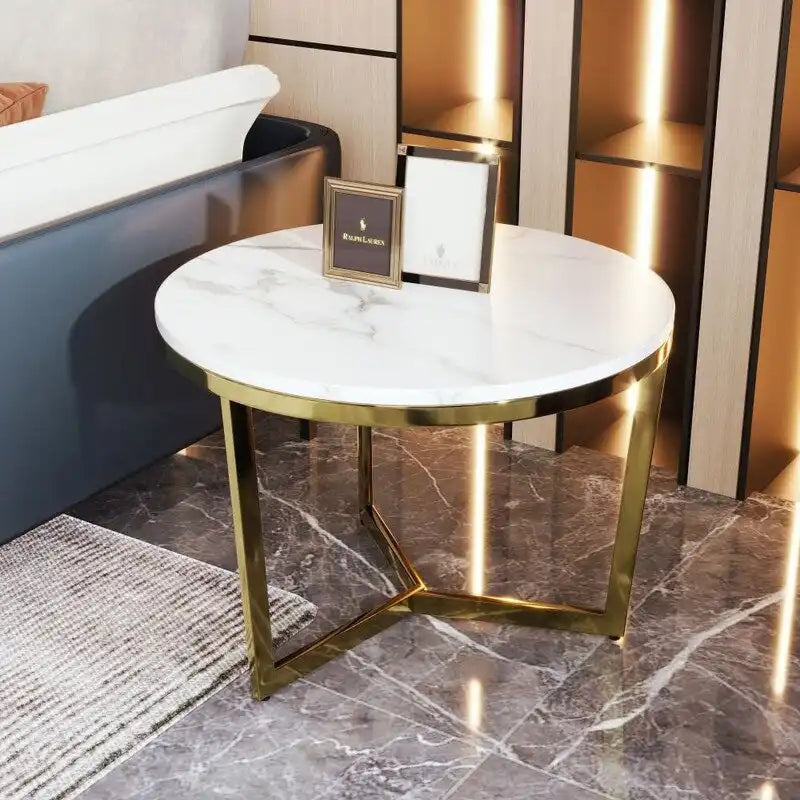 Modern Round Nesting Coffee Table with Marbling Top Design and Gold Base
