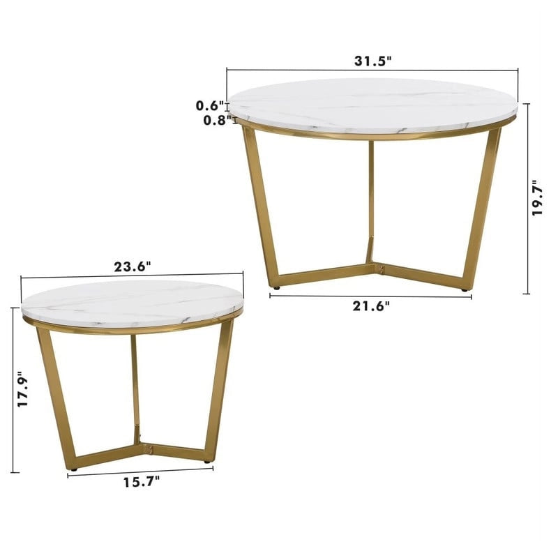 Modern Round Nesting Coffee Table with Marbling Top Design and Gold Base