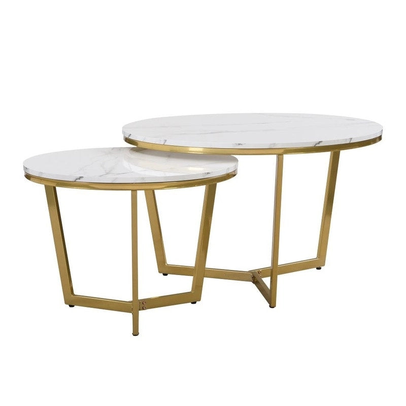 Modern Round Nesting Coffee Table with Marbling Top Design and Gold Base