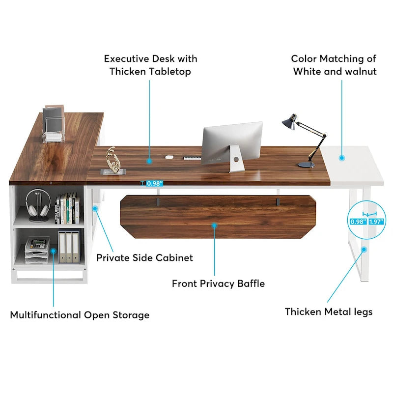 70.8 Executive Desk with 55 File Cabinet, Large L-Shaped Office Computer Desk with Storage Shelves and Cabinet