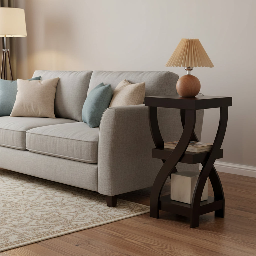 Side End Table with Curved Legs and Storage Shelfs, Espresso