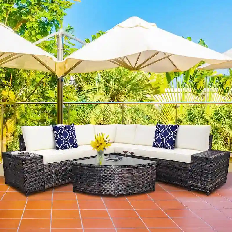 Wicker Furniture Sectional Sofa w/ Cushions Off White - See details