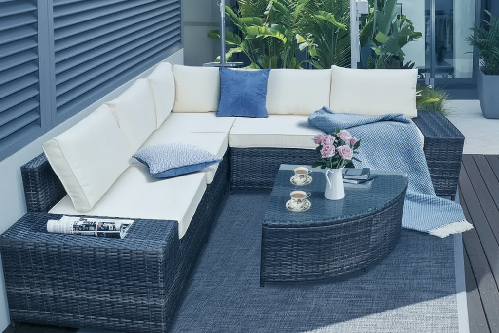 Wicker Furniture Sectional Sofa w/ Cushions Off White - See details