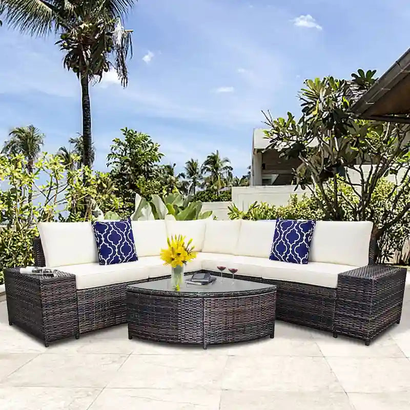 Wicker Furniture Sectional Sofa w/ Cushions Off White - See details
