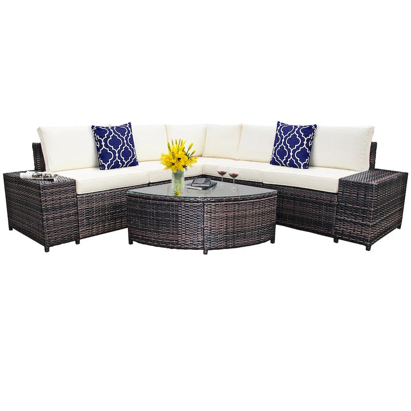 Wicker Furniture Sectional Sofa w/ Cushions Off White - See details