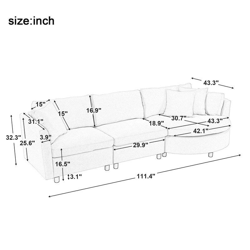Modern Cushioned Sofas with 3 Pillows and Curved Seat