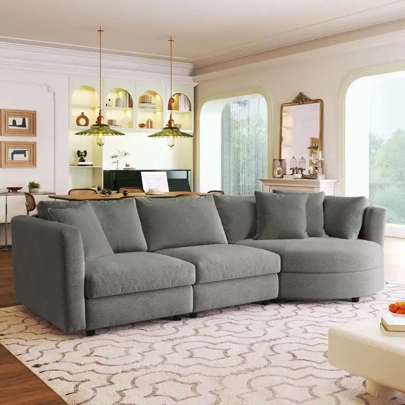 Modern Cushioned Sofas with 3 Pillows and Curved Seat