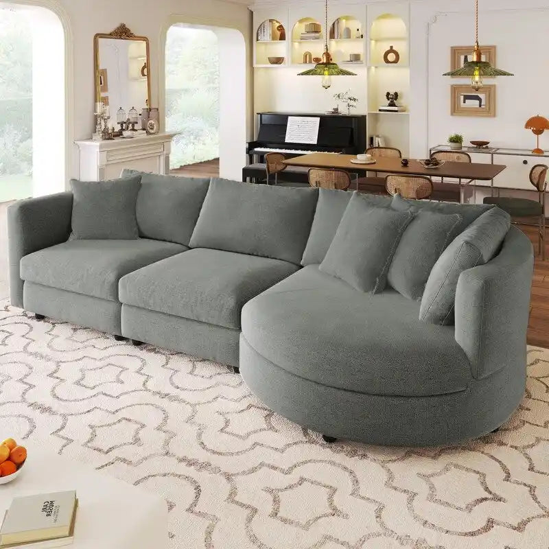 Modern Cushioned Sofas with 3 Pillows and Curved Seat