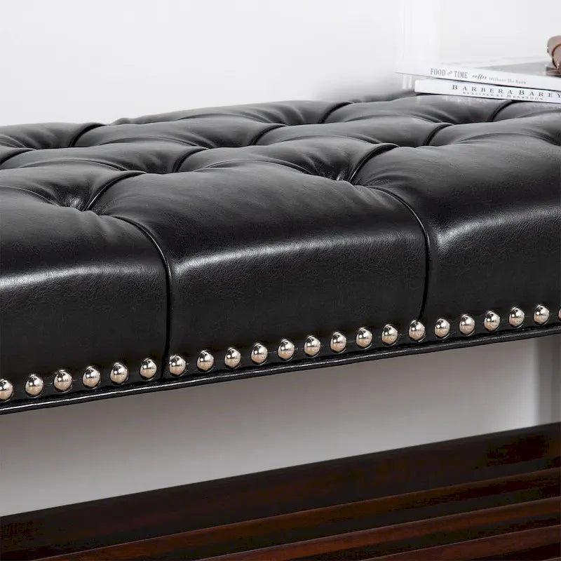 Wooden Base Upholstered Bench for Bedroom for Entryway,60 with Nailhead Trim and Shelf