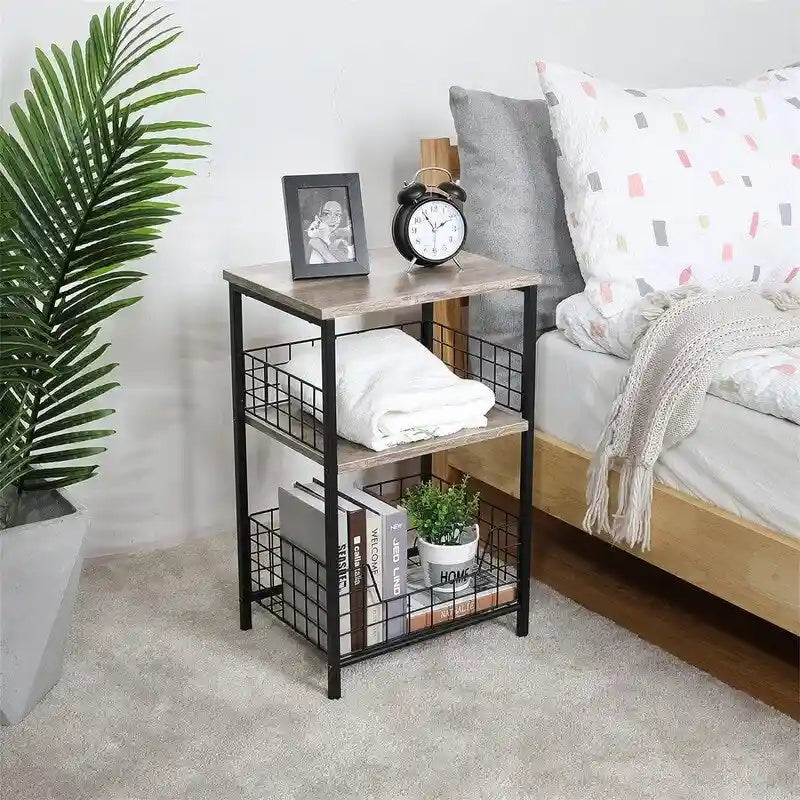 Industrial Retro Side Table Nightstand Storage Shelf - 11.8D x 15.7W x 25H