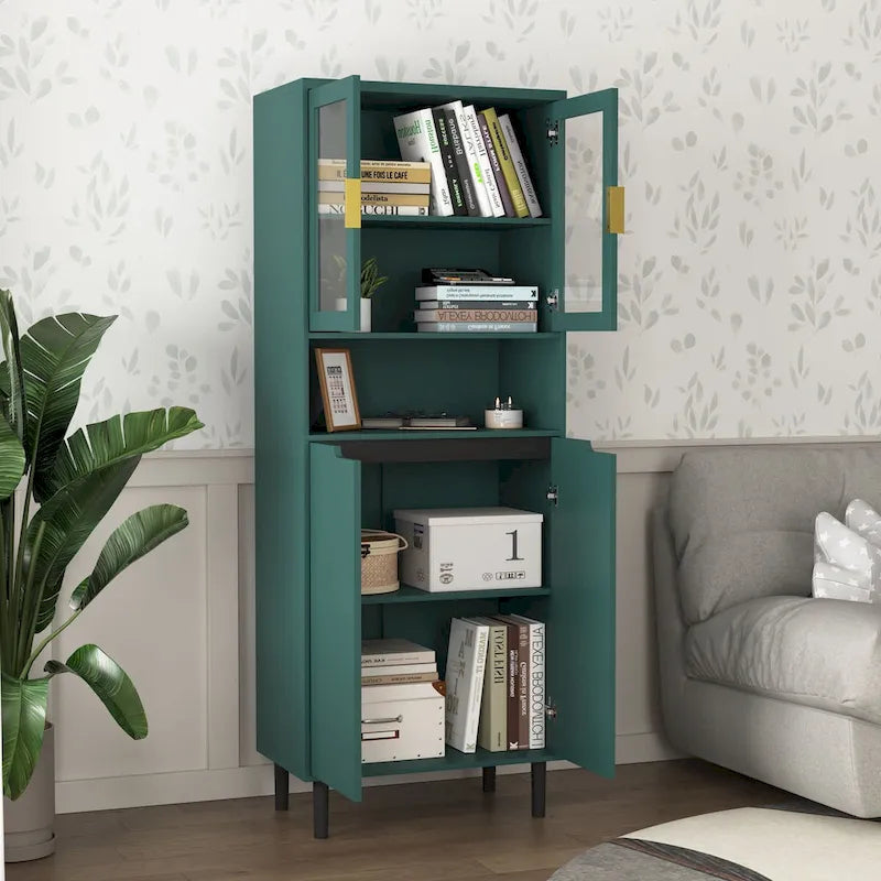Tall Storage Show Cabinet with 2 Glass Display Door & 2 Doors